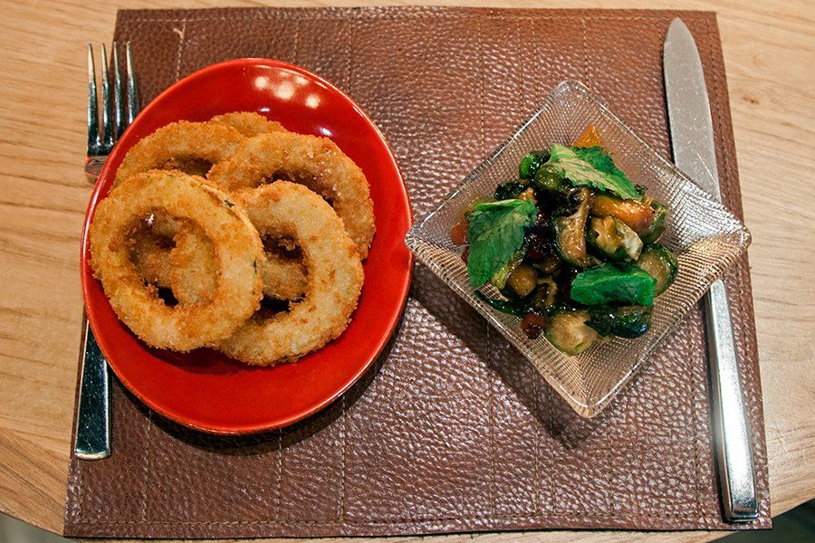 Delicata squash rings and Miso Glazed Brussels Sprouts ($10)<br>